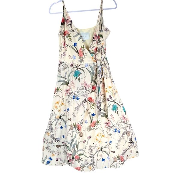 Amour Vert Cream Garden Floral Print Silk Wrap Midi Dress Women’s Size Medium - Picture 1 of 8